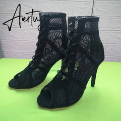 Women's High Top Dance Shoes Black Ballroom Boots Salsa Tango Shoes Girl Fashion Party Mesh Cutout High Heel Sandals Summer Aiertu