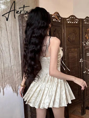Women's Hollow Sexy Dress Women Spaghetti Straps Sleeveless Off Shoulder High Waist Mini Dress Lace Palace Retro Party Dresses Aiertu