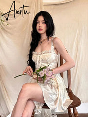 Women's Hollow Sexy Dress Women Spaghetti Straps Sleeveless Off Shoulder High Waist Mini Dress Lace Palace Retro Party Dresses Aiertu
