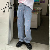 Women's Jeans Vintage Heart Shaped Embroidery Streetwear High Waist Wide Leg Pants Baggy Harajuku Straight Denim Trouser Aiertu