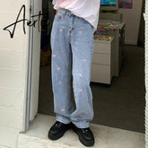 Women's Jeans Vintage Heart Shaped Embroidery Streetwear High Waist Wide Leg Pants Baggy Harajuku Straight Denim Trouser Aiertu