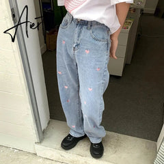 Women's Jeans Vintage Heart Shaped Embroidery Streetwear High Waist Wide Leg Pants Baggy Harajuku Straight Denim Trouser Aiertu