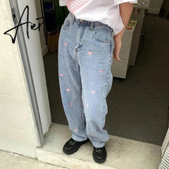 Women's Jeans Vintage Heart Shaped Embroidery Streetwear High Waist Wide Leg Pants Baggy Harajuku Straight Denim Trouser Aiertu