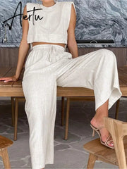 Women's Linen Style Casual Slim Fit Suit Sleeveless Lace Up Tops With Comfortable Wide Leg Pants Summer Beach Vacation Sets Aiertu