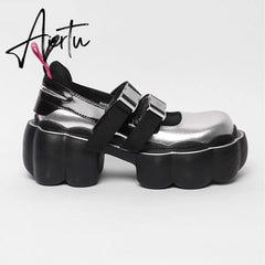 Womens Lolita Square Toe Gothic Punk Pumps Shoes Creepers Japanese Harajuku Platform Belt Buckle Girls Creepers 3Colors Aiertu