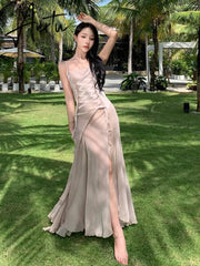 Women's Long Ball Princess Dresses Elegant Backless Spaghetti Strap Party Split Bandage Ruffled Dress Summer Sexy Fashion Boho Aiertu