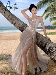 Women's Long Ball Princess Dresses Elegant Backless Spaghetti Strap Party Split Bandage Ruffled Dress Summer Sexy Fashion Boho Aiertu