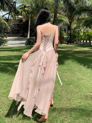 Women's Long Ball Princess Dresses Elegant Backless Spaghetti Strap Party Split Bandage Ruffled Dress Summer Sexy Fashion Boho Aiertu