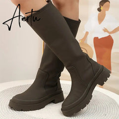 Women's Long Boots PU Low Heel Ladies Knee High Boot Fashion Women Shoes Slip On Platform Autumn Winter Female Footwear Aiertu
