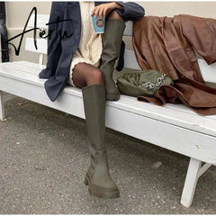 Women's Long Boots PU Low Heel Ladies Knee High Boot Fashion Women Shoes Slip On Platform Autumn Winter Female Footwear Aiertu