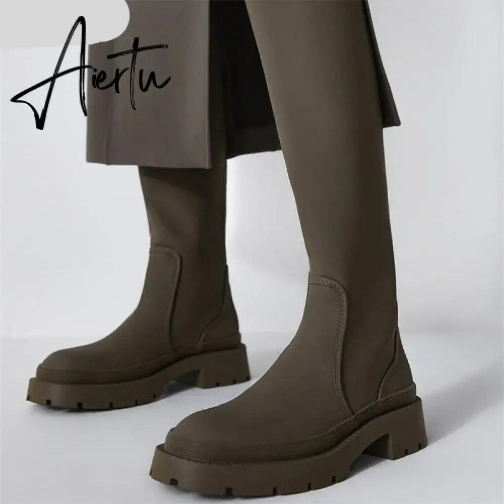 Women's Long Boots PU Low Heel Ladies Knee High Boot Fashion Women Shoes Slip On Platform Autumn Winter Female Footwear Aiertu