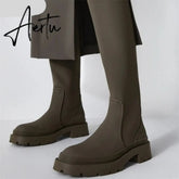 Women's Long Boots PU Low Heel Ladies Knee High Boot Fashion Women Shoes Slip On Platform Autumn Winter Female Footwear Aiertu