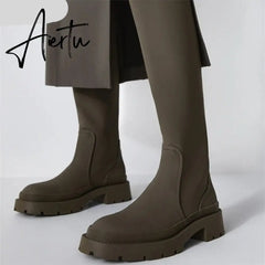 Women's Long Boots PU Low Heel Ladies Knee High Boot Fashion Women Shoes Slip On Platform Autumn Winter Female Footwear Aiertu