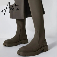 Women's Long Boots PU Low Heel Ladies Knee High Boot Fashion Women Shoes Slip On Platform Autumn Winter Female Footwear Aiertu