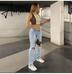 Womens Loose Fit Jeans Ripped Wide Leg For Women High Waist Blue Wash Casual Cotton Denim Trousers Summer Baggy Jean Pants Aiertu