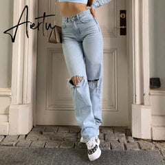 Womens Loose Fit Jeans Ripped Wide Leg For Women High Waist Blue Wash Casual Cotton Denim Trousers Summer Baggy Jean Pants Aiertu