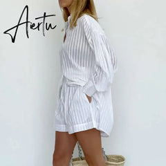 Women's Pajamas Cotton Casual Shorts Sets Striped Jacquard 2 Pieces Cozy Lapel Lantern Sleeve Shirt Summer Outfit Shorts Suits Aiertu