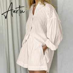 Women's Pajamas Cotton Casual Shorts Sets Striped Jacquard 2 Pieces Cozy Lapel Lantern Sleeve Shirt Summer Outfit Shorts Suits Aiertu