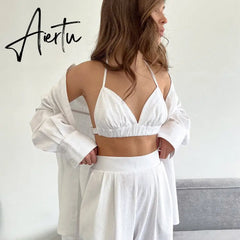Women's Pajamas Summer Suit Cotton Linen Long Sleeve Shirt + Bra+ Pants Three Piece Outfit Casual Trouser Suits Aiertu