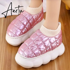 Women's Platform Boots Winter Pink Female Cotton Shoes Light Soft Down Waterproof Thick Heels Warm Furry Woman Ankle Boot Aiertu