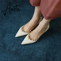 Womens Pumps High Heels Patent Leather Rivet Pointed Toe Thin Heel Office Wedding Lady Black Handmade Sexy Shoe Big Size 42 Aiertu