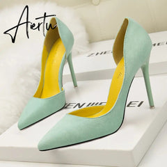 Women's Pumps Suede High Heels Female Pointed Toe Office Shoes Stiletto Women Pumps Shoes On Heels 10 cm Solid Party Shoes Lady Aiertu