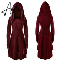 Womens Renaissance Archer cosplay Costumes Hooded Robe Lace Up Vintage Pullover Long Hoodie Dress Cloak Halloween LARP Party Aiertu