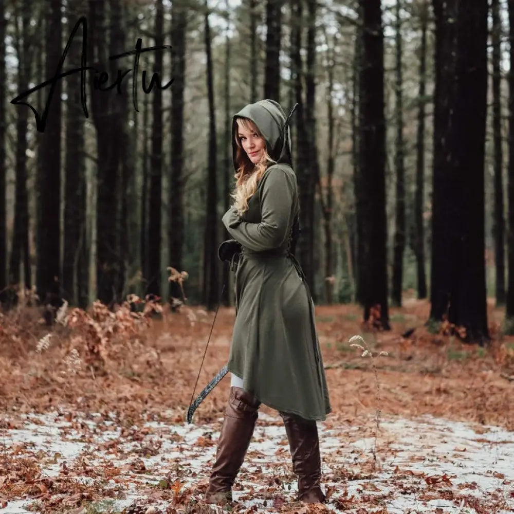 Womens Renaissance Archer cosplay Costumes Hooded Robe Lace Up Vintage Pullover Long Hoodie Dress Cloak Halloween LARP Party Aiertu