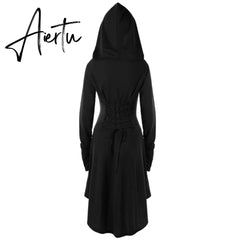 Womens Renaissance Archer cosplay Costumes Hooded Robe Lace Up Vintage Pullover Long Hoodie Dress Cloak Halloween LARP Party Aiertu