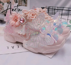 Womens Round Toe Sneakers Lace Up Rhinestones DIY Flowers Butterfly Shiny Girls Shoes Casual Sweet Pink Lolita Gift New Aiertu