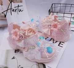 Womens Round Toe Sneakers Lace Up Rhinestones DIY Flowers Butterfly Shiny Girls Shoes Casual Sweet Pink Lolita Gift New Aiertu