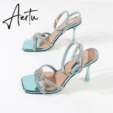 Women's Sandals Summer New High-heeled Chain Buckle Sexy Stiletto Sandals Solid Color Runway Catwalk Party Women's Shoes9CM Aiertu