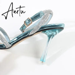 Women's Sandals Summer New High-heeled Chain Buckle Sexy Stiletto Sandals Solid Color Runway Catwalk Party Women's Shoes9CM Aiertu