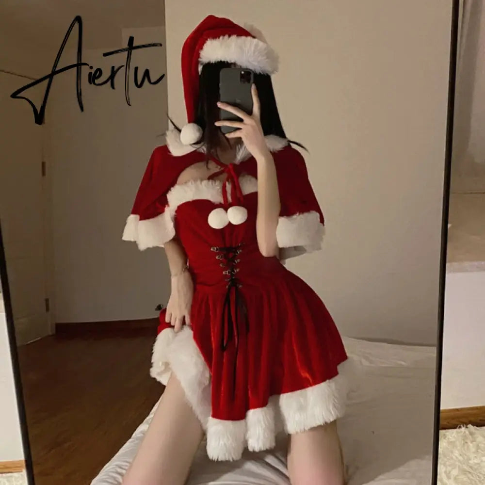Womens Santa Suit Mrs. Claus Clothing Women Christmas Fancy Party Dress Hat Cloak Sexy Outfits Set Santa Claus Cosplay Costumes Aiertu