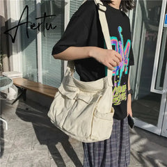 Women's School Messenger Bags For Women Shoulder Ladies Designer Handbag Solid Large Capacity Casual Canvas Shoulder Female Bags Aiertu