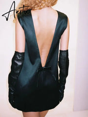 Women's Sexy Backless Sleeveless Bow Solid Mini Dress For Femme Fashion Party Clubwear Slim Fit Elegant Outfits Aiertu