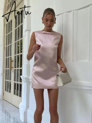 Women's Sexy Backless Sleeveless Bow Solid Mini Dress For Femme Fashion Party Clubwear Slim Fit Elegant Outfits Aiertu
