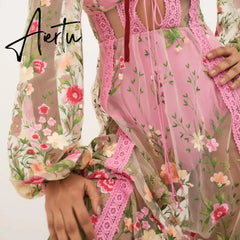 Women's Sexy Holiday Bikini Cover-Ups Beach Flower Embroidery Dress Long Sleeve Dress See Through Mesh Sheer Dresses Aiertu