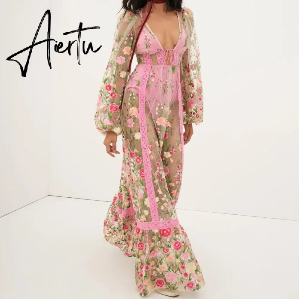 Women's Sexy Holiday Bikini Cover-Ups Beach Flower Embroidery Dress Long Sleeve Dress See Through Mesh Sheer Dresses Aiertu