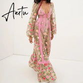 Women's Sexy Holiday Bikini Cover-Ups Beach Flower Embroidery Dress Long Sleeve Dress See Through Mesh Sheer Dresses Aiertu