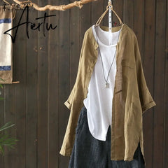 Womens Shirts Vintage Cotton Tunic Casual Long Sleeve Shirt Button Cardigans Female Soid Patchwork Tops Aiertu