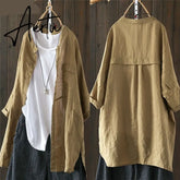 Womens Shirts Vintage Cotton Tunic Casual Long Sleeve Shirt Button Cardigans Female Soid Patchwork Tops Aiertu