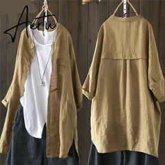 Womens Shirts Vintage Cotton Tunic Casual Long Sleeve Shirt Button Cardigans Female Soid Patchwork Tops Aiertu