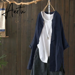Womens Shirts Vintage Cotton Tunic Casual Long Sleeve Shirt Button Cardigans Female Soid Patchwork Tops Aiertu