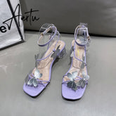 Women's Shoes Sandals Summer New Rhinestone Buckle Bow Round Toe Chunky Heels Shoes for Women Aiertu
