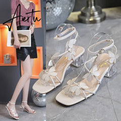 Women's Shoes Sandals Summer New Rhinestone Buckle Bow Round Toe Chunky Heels Shoes for Women Aiertu