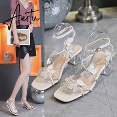 Women's Shoes Sandals Summer New Rhinestone Buckle Bow Round Toe Chunky Heels Shoes for Women Aiertu