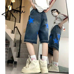Women's Short Blue Summer Printing High Waist Jeans Y2K Baggy Straight Five Points Trousers Vintage Wide Leg Black Short Pants Aiertu