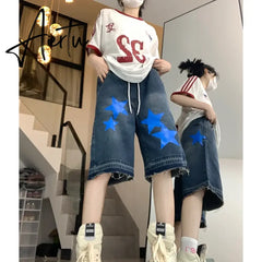 Women's Short Blue Summer Printing High Waist Jeans Y2K Baggy Straight Five Points Trousers Vintage Wide Leg Black Short Pants Aiertu