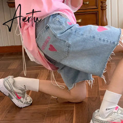 Women's Short Summer High Waist Jeans Baggy Straight Five Points Trousers Streetwear Vintage Mom Denim Wide Leg Short Pants Aiertu